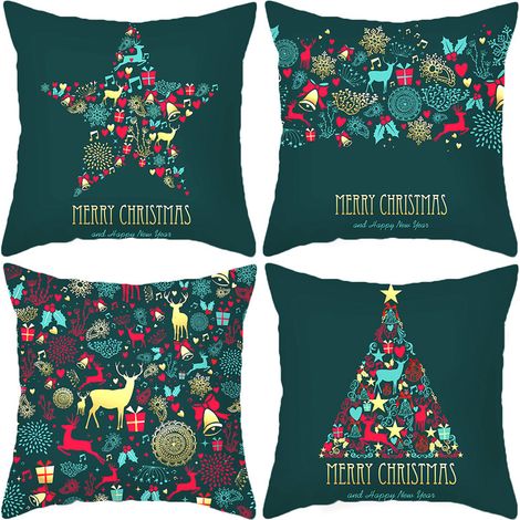 Housse de coussin de noël, cloche d'élan, pin, 18x18 pouces, housse de coussin de vacances d'hiver, décoration pour canapé, ensemble de 4 YMYNY (1/5)