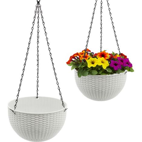 Blumenampel weiß in Rattan Optik 23 cm - 2er Set - Kunststoff Hängeampel mit Ablauf und Metallkette