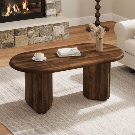 MODFU – Mesa de centro ovalada 99x50x40 cm de MDF con tablero amplio, patas redondeadas, bordes suaves y montaje sencillo – Nogal (1/5)