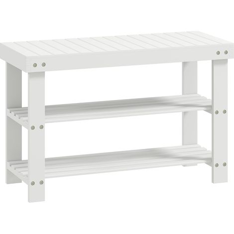 CHICFURN panca portascarpe in bambù 70x28x45 cm bianca con 2 ripiani per ingresso (1/5)