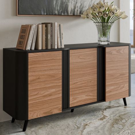 Buffet noir et bois - bords arrondis - 3 portes - 150cm Viali (1/4)