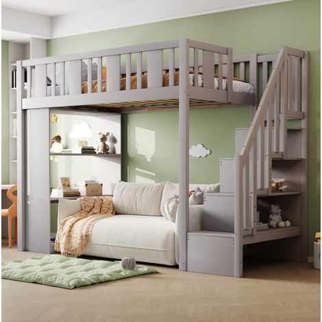 Cama alta infantil con almacenaje y escalera gris OKMYHOME (1/5)