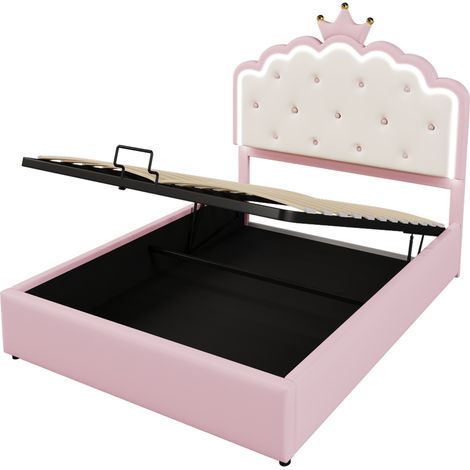 Cama infantil tapizada 140 x 200 cm con somier, LED, almacenaje hidráulico, PU rosa (1/5)