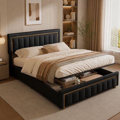 Lit 160x200 avec sommier et rangement hydraulique, tête de lit rembourré, pour adultes et adolescents, noir lit coffre en velours (1/5)