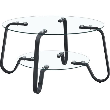 Table basse ronde en verre et métal noir, double plateau, design industriel compact pour salon moderne, idéale pour petits espaces et rangement discret – CHICFURN (1/5)