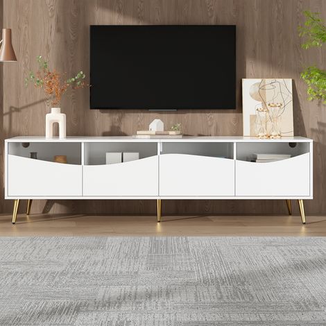 Mueble TV 180x40x50 cm blanco en MDF con frentes de vidrio, LED y almacenamiento (1/5)