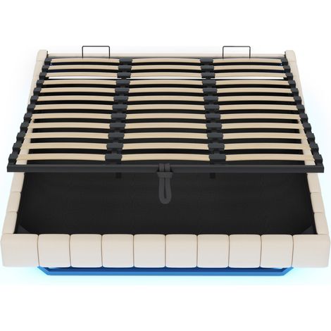Lit rembourré 180x200 cm avec rangement, cadre flottant avec LED, lin beige, sans tête de lit (1/5)
