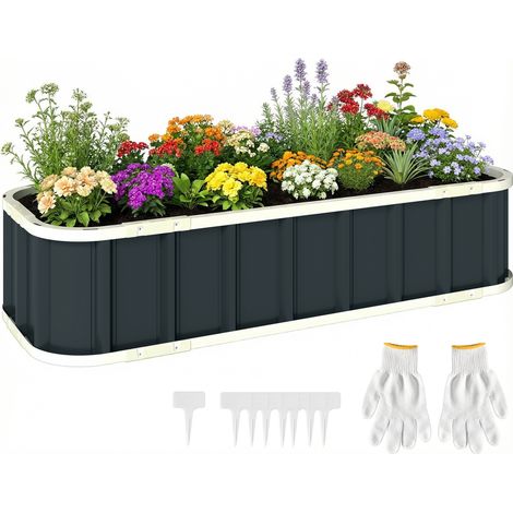 Outsunny Galvanised Raised Garden Bed with Gloves, Dark Grey