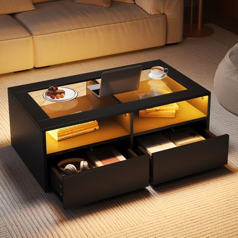 Table basse noire 100x50x35 cm avec LED, plateau en verre trempé, 2 tiroirs et rangements ouverts (1/5)