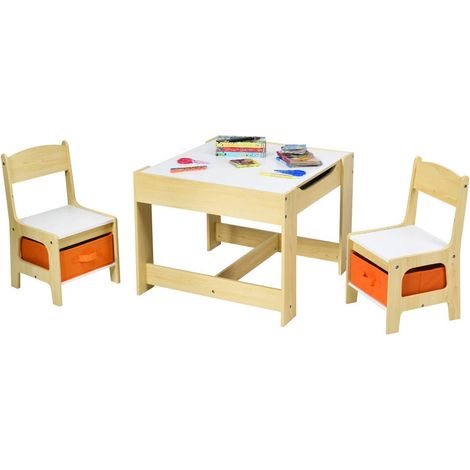 COSTWAY Juego de Mesa y 2 Sillas para Niño Mueble Infantil Escritorio de Madera Silla con Espacio de Almacenamiento para Juguete Dormitorio (Naranja)