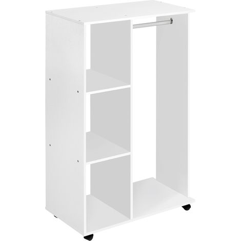 Open Wardrobe on Wheels, Bedroom Wardrobe with Clothes Hanging Rail, 3 Storage Shelves, Mobile Garment Rack for Cloakroom, Hallway, White