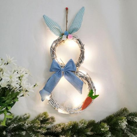 Guirlande De Pâques - Couronne En Rotin Avec Lumières Et Oreilles De Lapin - Décoration Pour Porte Ou Mur - 1 Pièce (1/5)