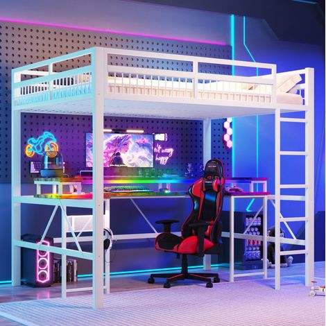 Bett Hochbett mit Schreibtisch 140x200 LED Weiß HAVRYA (1/5)