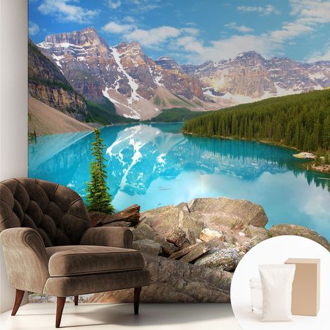 Tapete Vliestapete mit Kleber modern Wohnzimmer - Wanddeko Schlafzimmer - Tapete mit Motiv Blauer See 250x250 cm (1/5)