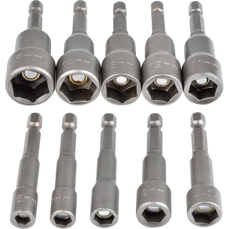 Set di 10 bussole esagonali magnetiche, bussole per avvitatori a impulsi da 6-15 mm, set di chiavi a bussola esagonali magnetiche, adattatore per bussola esagonale da 1/4"
