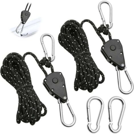 2 Pièces Corde à Cliquet Réglable 4M, Poulie à Cliquet Noir 1/8 avec 2 Replacement Crochets, Tendeur de Corde à Cliquet Réfléchissante pour Lampe Plantes Tente Randonnée (1/4)