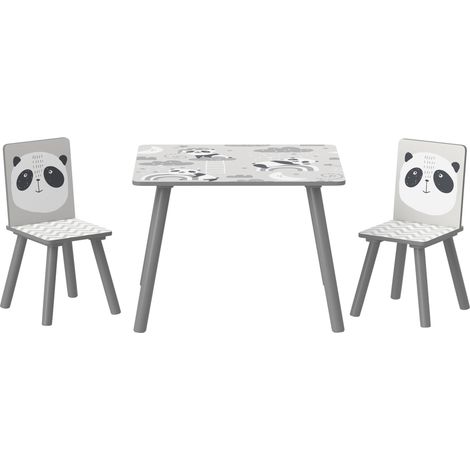Ensemble table et 2 chaises enfant gris, mobilier chambre motif animaux, set repas avec table ronde pour salon ou chambre à coucher (1/5)
