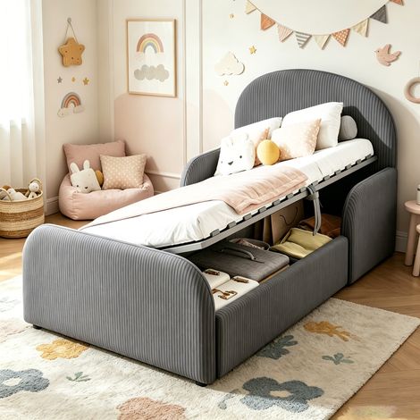 Lit Enfant 90x200cm - Rangement Hydraulique - Tissu Velours Doux - Tête et Pied Hauts - Barrières Latérales - Structure Métal et Bois - Capacité 120kg - gris (1/5)