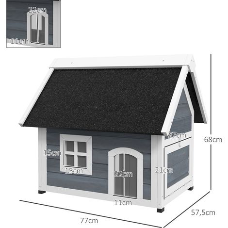 Cabane pour chat en bois massif, toit en feutre bitumé inclinable, abri extérieur imperméable, avec ouverture et triple accès, 77x57,5x68 cm, coloris anthracite (1/5)