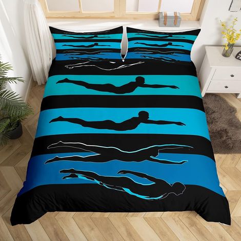 Parure de lit avec housse de couette 135 x 200 cm pour enfants garçons filles adolescents sports nautiques natation thème nageur et jeux de sport moderne bleu et noir (1/5)