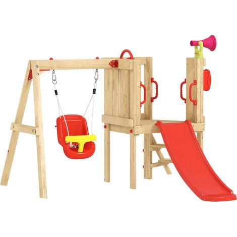 Aire de jeux extérieure en bois avec balançoire, toboggan, volant, klaxon et téléphone pour terrasse avec gazon rouge et naturel (1/5)