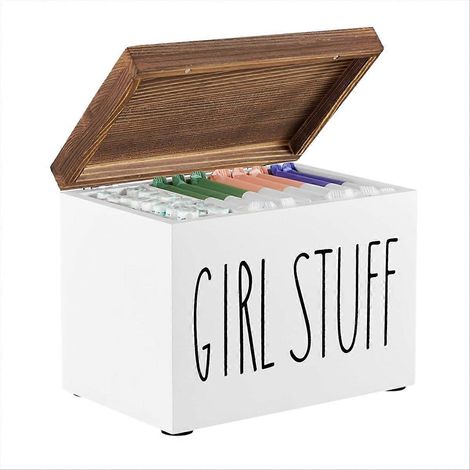Porte-tampons pour salle de bain, organisateur de produits d'hygiène féminine, étui de rangement pour serviettes hygiéniques avec couvercle à charnière, rangement pour tampons (blanc) (1/5)