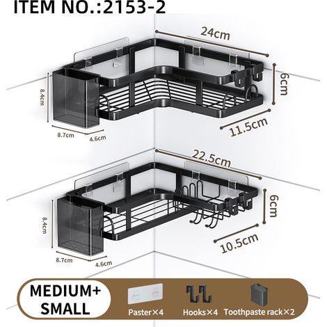 Rangement Salle de Bain, 2 Pcs Noir Etagere Salle de Bain Accessoire sans Percage, Etagere Douche avec Adhésif, Rangement Douche (1/4)