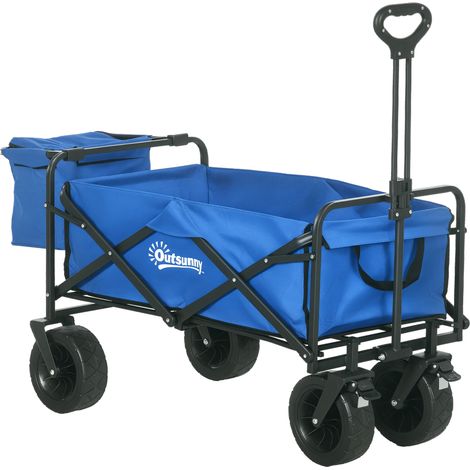 Carro plegable con bolsa térmica extraíble, asa ajustable en longitud y ángulo, y bolsa de transporte azul