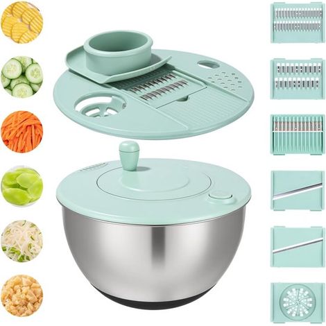 Centrifuga per insalata multifunzione con coperchio, 5 litri, in acciaio inox. Lava, asciuga e affetta insalata, verdura e frutta in un unico apparecchio. Include 6 accessori. (1/5)