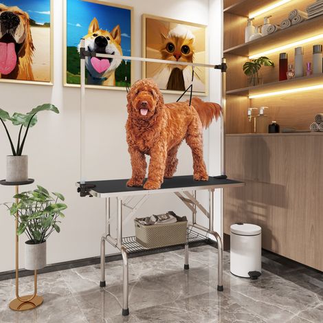 Mesa de peluquería para perros 107x60x170 cm de metal negro, elevable FloraGrace (1/5)
