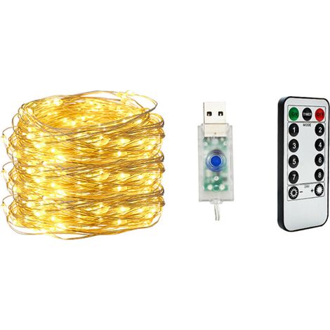 Guirnalda de luces USB de 10 m con 100 LED, cable de cobre, luz blanca cálida, 8 modos de iluminación, control remoto, decoración para árbol de Navidad (1/5)