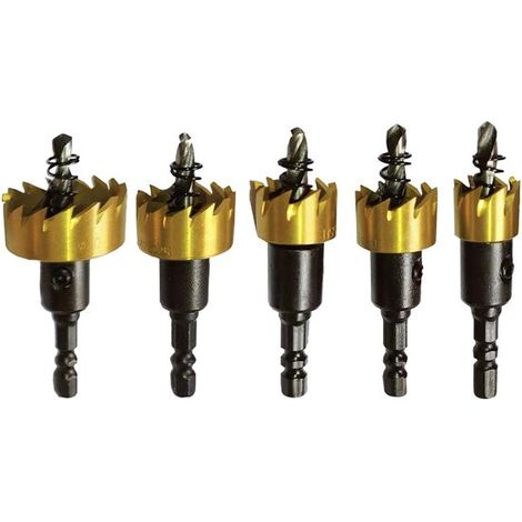 Set di 5 seghe a tazza con punte da trapano HSS, punte pilota rivestite in titanio, denti per sega a tazza con punta in carburo e gambo esagonale per metalli sottili. (1/5)
