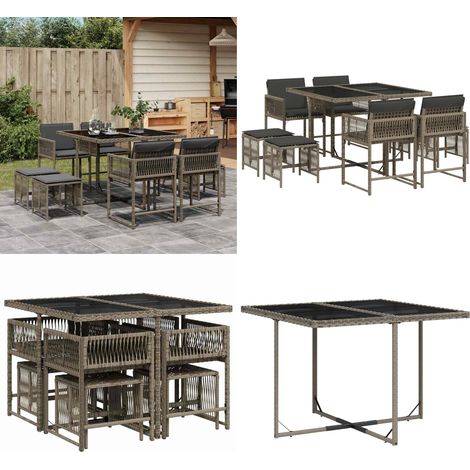 9-tlg. Garten-Essgruppe mit Kissen Grau Poly Rattan - Gartengestell - Gartenmöbelset - Outdoor Möbel - Rattan Gartenmöbel - Gartentisch - Home & Living