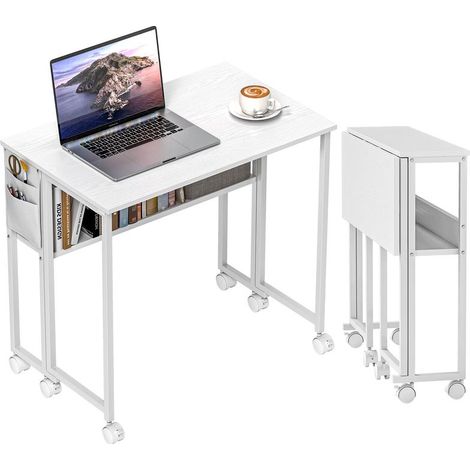 Bureau pliant blanc sur roulettes avec étagère et poche de rangement, 80x50x75 cm, idéal petits espaces pratique