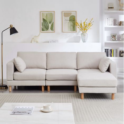 L-förmiges Ecksofa 235 x 152 x 78 cm aus beigefarbenem Polyester mit Hocker – MEUBLIV (1/5)