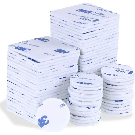 50 adesivi bifacciali, nastro adesivo in schiuma resistente, bianchi, impermeabili, quadrati 20 x 20 mm, rotondi 40 mm, 25 pezzi per tipo, adatti per la decorazione di auto e casa. (1/5)