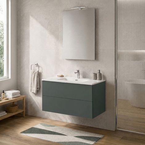 Mobile bagno sospeso 100 cm verde due cassetti push-pull e lavabo Tierra (1/5)