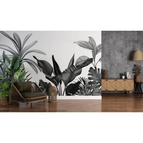 Papier peint nature - feuillage exotique en noir et blanc - 150 x 250 cm (1/2)