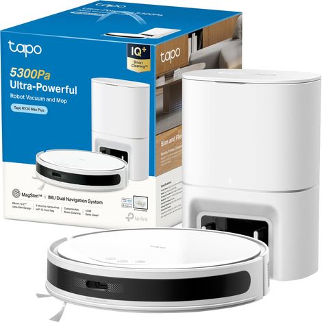 Tapo RV20 Max Plus Bianco Robot Aspirapolvere Lavapavimenti con Mappatura 5300Pa, Svuotamento Automatico Polvere 3L, Navigazione LiDAR MagSlim, Design Ultra Compatto 83mm, Controllo APP&Alexa&Google