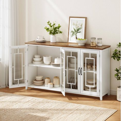 Buffet 160 x 40 x 86 cm avec portes vitrées, rangement spacieux, blanc HAVRYA (1/5)