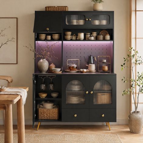 Mueble de cocina alto con LED y enchufes negro OKMYHOME (1/5)