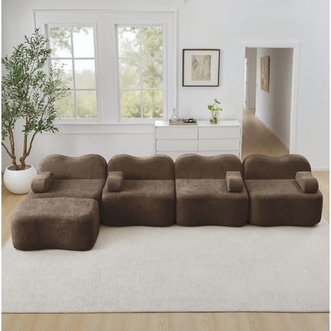 Canapé d’angle modulaire 384x167x70 cm brun en velours avec ottomane et forme ondulée (1/5)