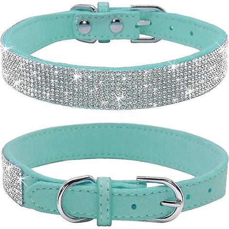 Collier pour chien en strass, mignon et scintillant, en cuir suédé doux orné de strass et de cristaux (XS, Noir) - XS - Bleu (1/3)