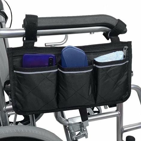 Sac de fauteuil roulant pour accoudoir - Sac de fauteuil roulant Oxford Sac de scooter portable étanche avec 4 compartiments réfléchissants pour poignées de fauteuil roulant, Noir, - (1/4)