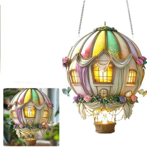 Lanterne suspendue solaire en acrylique 2D forme de montgolfière, résistante aux intempéries, 20 cm (1/5)