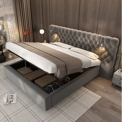 MODFU – Cama con almacenamiento 160x200 cm con elevación hidráulica, lámpara de lectura, somier de láminas y tapizado de terciopelo – Gris (1/5)