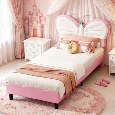 lit enfant 90x190cm, lit fille, lampe de lecture LED, Tête de lit papillon réglable, Lit simple, Sommier Inclus, velours+PU, Rose (1/5)