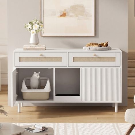 Meuble litière pour chat, cache-litière, armoire pour litière, buffet TV, tiroirs aspect rotin, 120x50x65 cm, blanc (1/5)