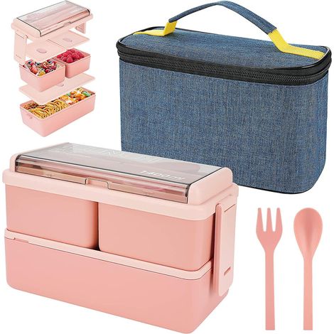 Boîte à lunch Bento à deux étages avec 3 compartiments - Capacité de 1400 ml, comprenant un sac isotherme et des couverts, idéale pour les adultes, les étudiants et les enfants (1/5)
