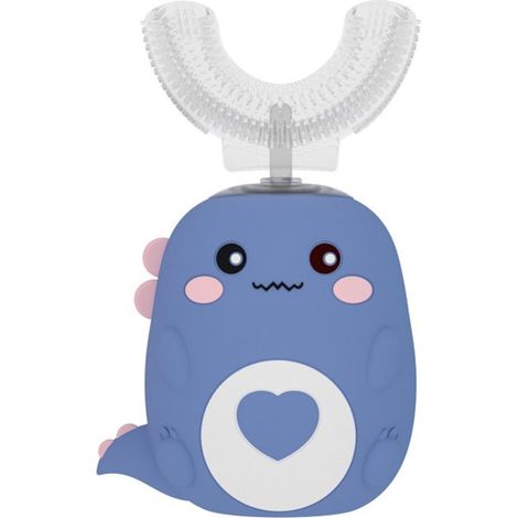 Cepillo de dientes ultrasónico para niños de 7 a 12 años, cepillo de dientes eléctrico en forma de U, diseño de dinosaurio de dibujos animados, resistente al agua (azul (7-12 años)). (1/3)